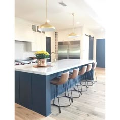 a kitchen with an island and bar stools