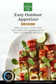 grilled halloui and watermelon kabobs with mint pesto drizzle