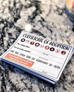 a certificate sitting on top of a marble counter