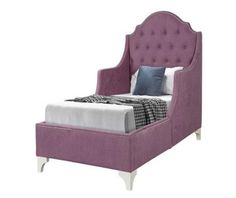 a bed with a purple upholstered headboard and foot board is shown in front of a white background