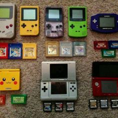 an assortment of nintendo gameboy games laid out on the floor next to each other