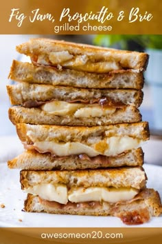 four grilled cheese sandwiches stacked on top of each other with the title overlay