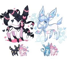 three different types of pokemons with pink and blue hair, one is black and the other is white