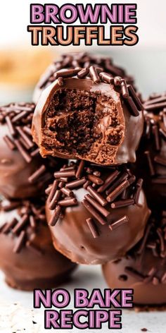 chocolate brownie truffles stacked on top of each other with the words no bake recipe below