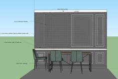 a drawing of a room with chairs and a table next to a wall mounted cabinet