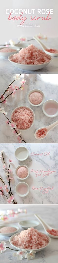 Coconut Rose Body Scrub Rose Body Scrub, Diy Lush, Homemade Scrub, Rose Body, Diy Rose, Sugar Scrub Recipe, Diy Body Scrub, Lip Scrubs