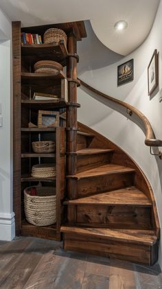 there is a wooden staircase with baskets on the bottom and an open bookcase below