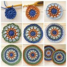 crocheted coasters are arranged in different colors