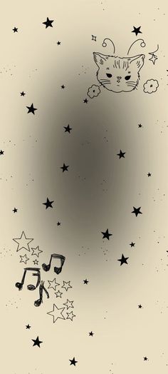 a drawing of a dog flying in the sky with stars around it and music notes below