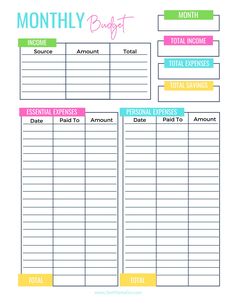 a printable budget sheet with the words, month to month and total amount on it