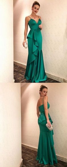 Charming Mermaid V Neck Spaghetti Straps Ruffled Green Long Prom Dresses, Elegant Evening Party Dresses Mermaid Green, Satin Prom Dresses, Prom Dresses Elegant, Prom Dresses Long Mermaid, Green Soft, Popular Dresses, Green Prom Dress