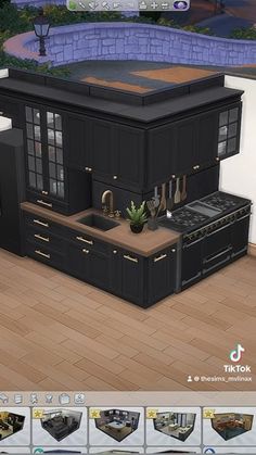 an image of a kitchen with black cabinets and wood flooring in the game virtual world