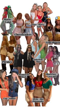 many different types of women dressed up in costumes and outfits with names for each woman