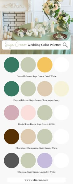 wedding color palettes for the bride and groom to choose from, including green, white,