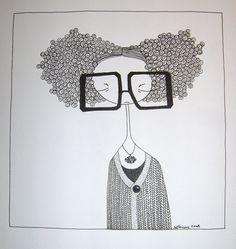 a drawing of a woman wearing glasses with her hair in the shape of an afro