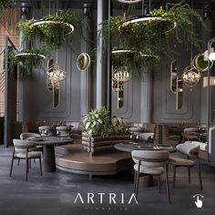 the interior of a restaurant with plants hanging from the ceiling and round tables in front of them