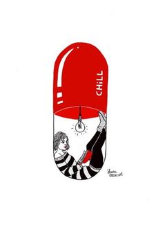 a red and white drawing of a person holding a light bulb above their head, with the caption girl on it