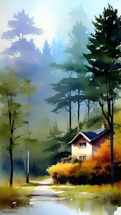 a painting of a house in the woods with water and trees around it, on a foggy day