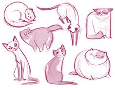 a bunch of cats that are drawn in pink ink on white paper, with one cat sitting down and the other standing up