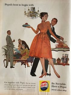 an advertisement for pepsi with a woman in orange dress and man in suit holding a tray