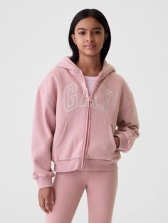 Supersoft cotton-blend, sherpa-lined hoodie.  Hooded neckline.  Long sleeves.  Zipper closure.  Kanga pocket.  Banded hem.  Sherpa lining.  Embroidered Gap arch logo at front.  Relaxed, easy fit.  Hits at the hip. Pink Gap Hoodie, Cozy Logo, Hoodie Gap, Sherpa Lined Hoodie, Arch Logo, Lined Hoodie, Gap Fit, Vintage Soft, Chunky Knitwear