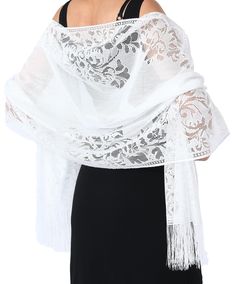 PRICES MAY VARY. Made from polyester, this delicate lace shawl and wrap boasts a soft and luxurious texture. The intricate lacework adds an element of romance, making it the perfect complement to your formal/party dresses or casual outfits. Size: 185*63cm/73”*25”; Our lace evening shawl is generously sized to provide ample coverage and versatility in styling. The dimensions ensure it drapes elegantly over your shoulders, creating a flattering and eye-catching silhouette. Intricate Lace Detailing Elegant Fitted Lace Shawl, Fitted Elegant Shawl With Lace Trim, Elegant Fitted Shawl With Lace Trim, Elegant Lace Shawl Scarf, White Lace Shawl With Lace Trim, White Lace Shawl With Lace Work, Elegant White Shawl With Crochet Lace, Elegant White Crochet Lace Shawl, Wedding Lace Shawl With Lace Trim