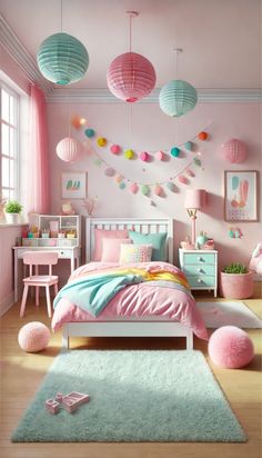 a bedroom decorated in pink and blue with paper lanterns hanging from the ceiling above the bed