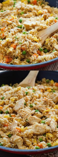 two pans filled with chicken and rice on top of a table