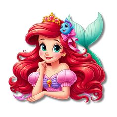 the little mermaid with long red hair wearing a tiara and holding a fish in her hand