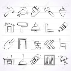 various types of furniture and tools drawn on lined paper stock photo - 547982