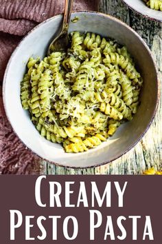 creamy pesto pasta in a white bowl on a wooden table with text overlay