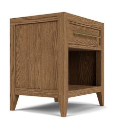 a wooden nightstand with one drawer open on the top and two drawers closed at the bottom