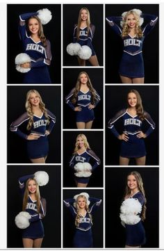 a collage of photos of cheerleaders with pom poms