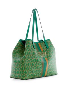 Carry it all in style with this spacious faux-leather tote featuring an updated logo print with striping and text details at center front. Leather Shoulder Bag With Logo Print, Modern Green Bags With Logo, Leather Bags With Logo Print For Everyday Use, Coated Canvas Tote Bag With Logo Hardware, Green Tote Bag With Logo, Casual Tote Bag With Logo Hardware, Green Shoulder Bag With Logo For Daily Use, Logo Print Tote Shoulder Bag For Shopping, Leather Tote Bag With Logo Print