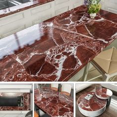 the kitchen countertop is covered in red marble, and there are pictures of it