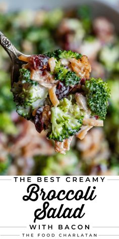 broccoli salad with bacon and cranberries in a bowl on a spoon