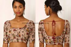 Saree Blouse Designs Front and Back Saree 2022, Simple Saree Blouse Designs, Renda Kebaya, Ikat Blouse Designs, Ikat Blouse, Kalamkari Blouse