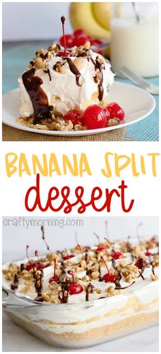 banana split dessert with whipped cream and cherries