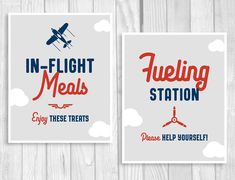 two posters with the words in flight meals and flying treats on them, against a wooden background