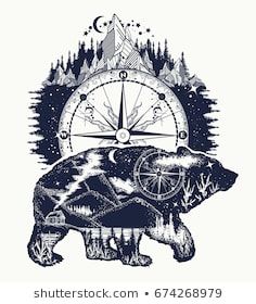 a bear with a compass on his head and mountains in the background, hand drawn illustration