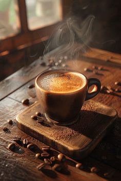 a cup of coffee sitting on top of a wooden table with steam rising from it