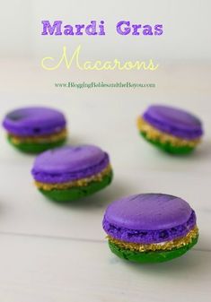 purple and green mardi gras macarons with gold sprinkles