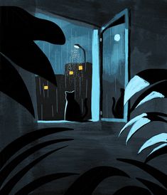 a painting of a cat sitting in front of a door at night with the light on