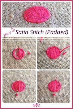 how to sew a satin stitch padded with pink thread and buttons on the side