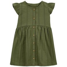 Give your kid a look they'll love with this Toddler Girl Carter's Olive Button-Front Flutter Dress.Give your kid a look they'll love with this Toddler Girl Carter's Olive Button-Front Flutter Dress. Click on the BABY PRODUCTS & CLOTHES GUIDE to find everything you need to keep your baby healthy and happy!FEATURES Front button placket Short sleeves Tiered designFABRIC & CARE Cotton Machine wash ImportedRESPONSIBLE Tested for harmful substancesSTANDARD 100 by OEKO-TEX® CERTIFIEDCertification No. 2 Clothes Guide, Carters Size Chart, Kid A, Flutter Dress, Peasant Dress, Baby Products, Toddler Dress, Jersey Dress, Toddler Girls