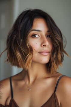 Make a bold fashion statement with a trendy undercut bob in sunkissed brunette, finished with a soft caramel ombre. This hairstyle merges the daring edge of an undercut with the warm, inviting tones of caramel ombre, creating a look that’s both striking and sophisticated. Perfect for those looking to stand out, it’s a testament to the power of contrast and creativity in hair styling. Short Bob Brunette Balayage, Brunette With Auburn Highlights Caramel, Short Bob Black Hair With Highlights, Brunette Bob Highlights, Short Hair Bangs Highlights, Ombre Hair Brown To Caramel, Ombre Bob Brunette, Ombre Medium Length Hair, Ombre Hair Caramel