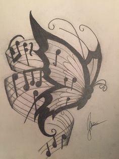 a drawing of music notes and butterflies with musical notations on it's wings