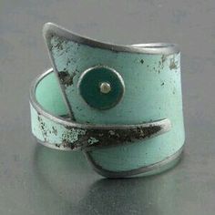 Silver & Green oxidised ring Funky Ring, Riveted Ring, Funky Rings, Car Paint, Funky Jewelry, Creative Jewelry, Metal Clay, Contemporary Jewellery, Enamel Jewelry