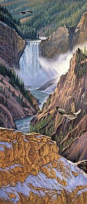 an artist's rendering of a waterfall and birds flying over the falls in yellowstone national park