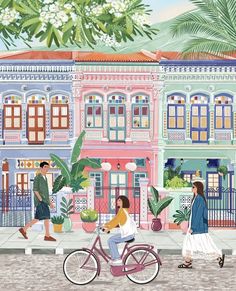 a painting of people walking and riding bikes in front of colorful buildings with palm trees